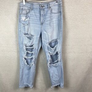 American Eagle Mom Jeans Super Distressed Light‎ Wash High Rise Sz 10 Ex-Short